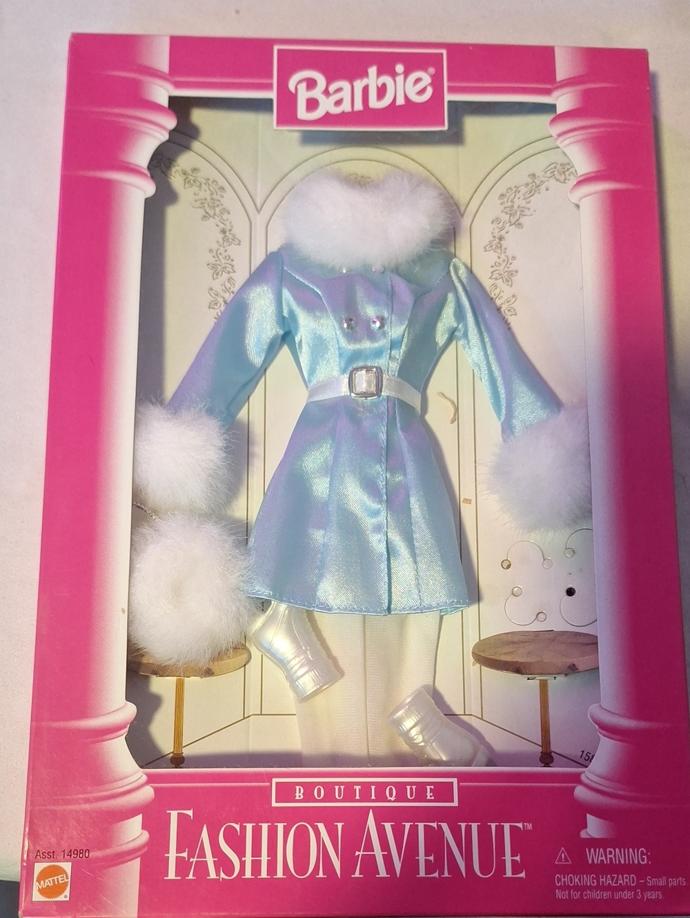 Vintage Barbie Shimmery Light Blue Coat White Faux Fur Trim - NiB Shoes Loose!